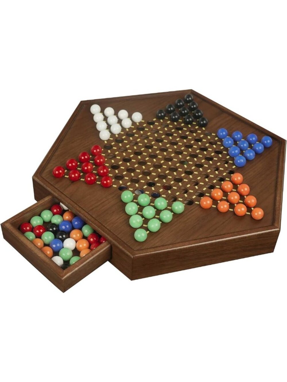 Large Wooden Chinese Checkers Game with Storage Drawer & 60 Glass Marbles
